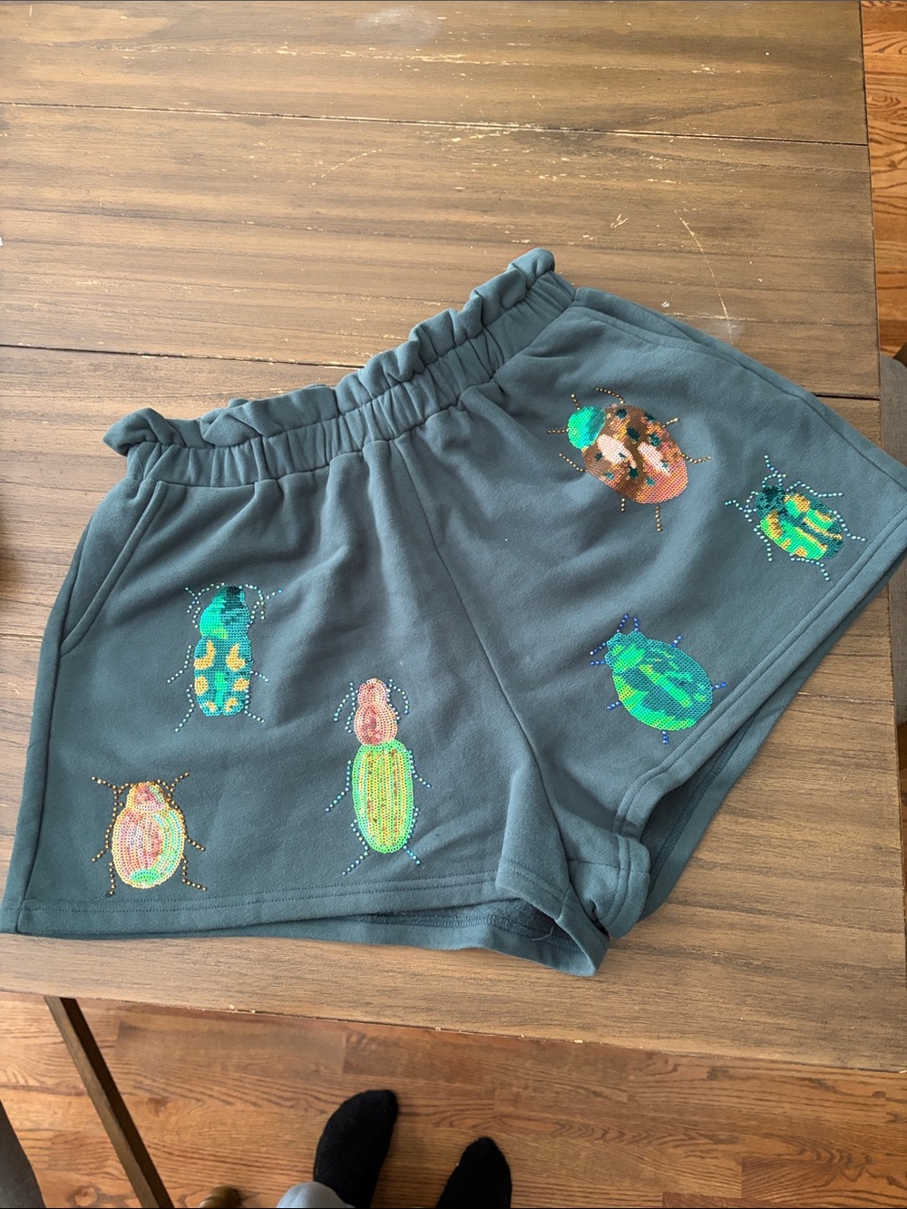 QUEEN OF SPARKLES Teal High-Waist Beetle Embellished Shorts